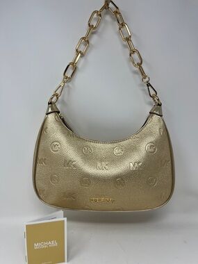 MICHAEL KORS CORA ZIP POUCHETTE  GOLD EMBOSSED LEATHER MK BAG CHAIN STRAP NEW